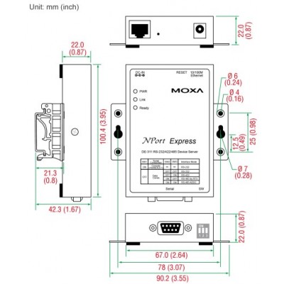 Dimensions du convertisseur DE311 Nport express de Moxa